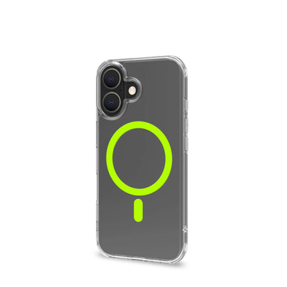 Celly GelSkin Hülle mit MagSafe für iPhone 16 – Transparent mit Neongelbem Ring