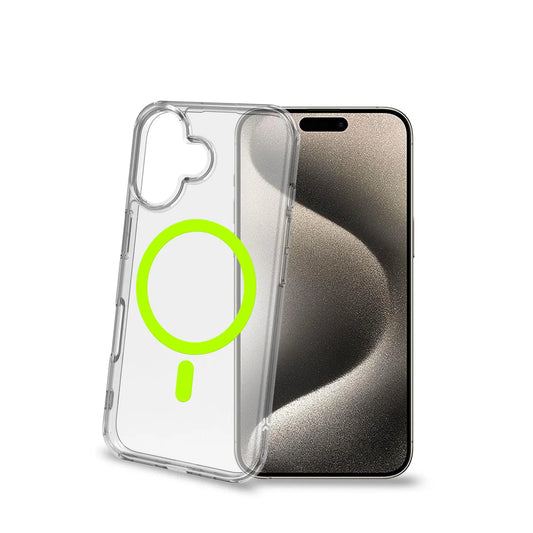 Celly GelSkin Hülle mit MagSafe für iPhone 16 – Transparent mit Neongelbem Ring