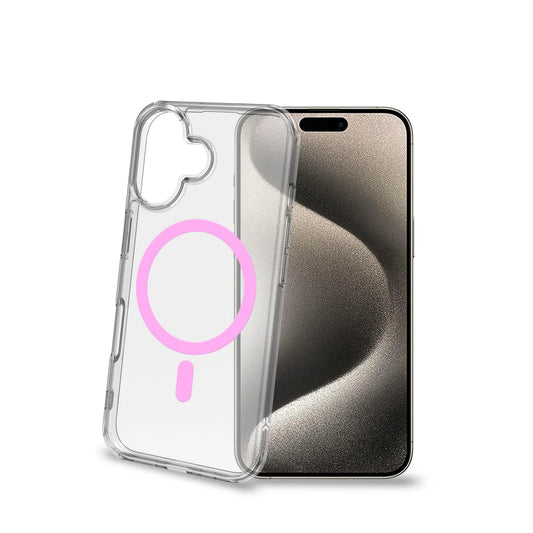 Celly GelSkin Hülle mit MagSafe für iPhone 16 – Transparent mit Rosa MagSafe-Ring