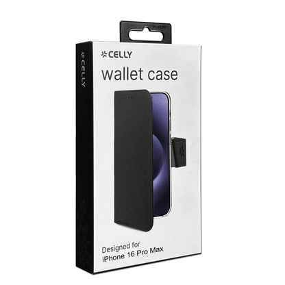 Celly Wallet Case für iPhone 16 Pro Max – Schwarze Klapphülle mit Kartenfächern