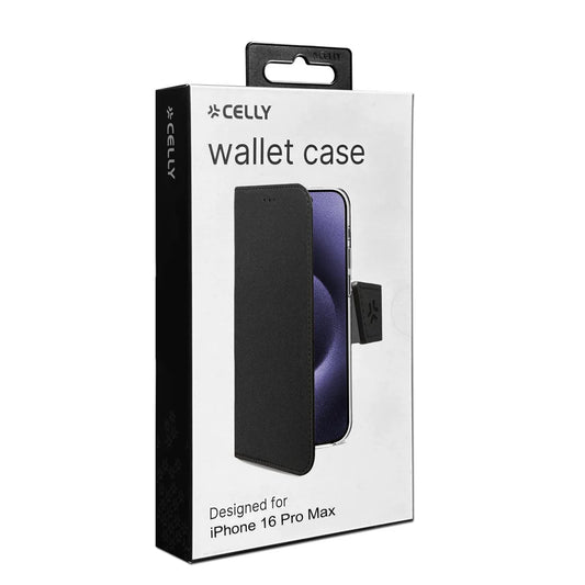 Celly Wallet Case für iPhone 16 Pro Max – Schwarze Klapphülle mit Kartenfächern