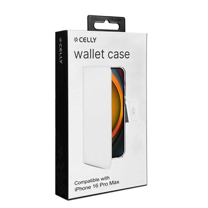Celly Wallet Case für iPhone 16 Pro Max – Weißes Klappetui mit Kartenfächern