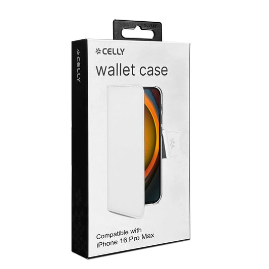 Celly Wallet Case für iPhone 16 Pro Max – Weißes Klappetui mit Kartenfächern
