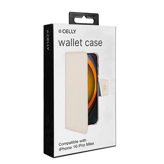 Celly Wallet Case für iPhone 16 Pro Max – Sandfarbenes Klappetui mit Kartenfach