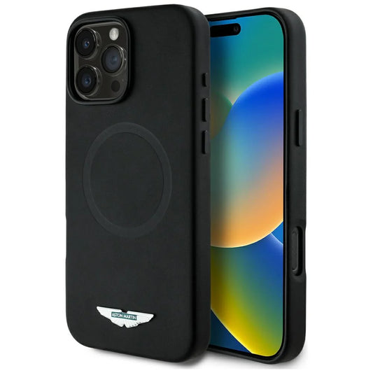 Aston Martin MagSafe Hülle für iPhone 16 Pro Max – Schwarz, Echtleder-Look