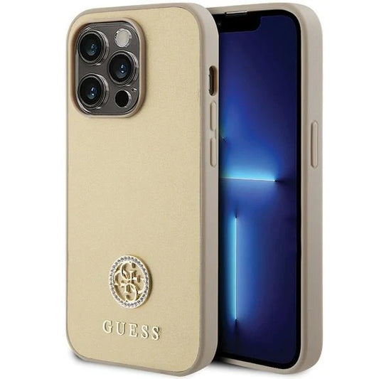 Guess 4G Logo Hülle für iPhone 15 Pro Max – Gold mit Strass-Emblem