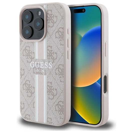 GUESS Handyhülle für iPhone 16 Pro Max – Beige mit Logo-Muster & Streifen-Design