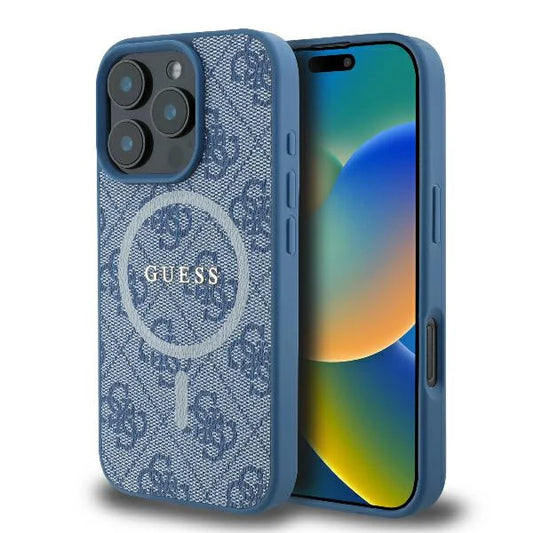 GUESS Handyhülle für iPhone 16 Pro Max – Blau in Jeansoptik mit 4G-Logo & MagSafe