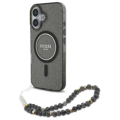 GUESS Glitzerhülle mit MagSafe & Perlenarmband – für iPhone 16 (Schwarz)