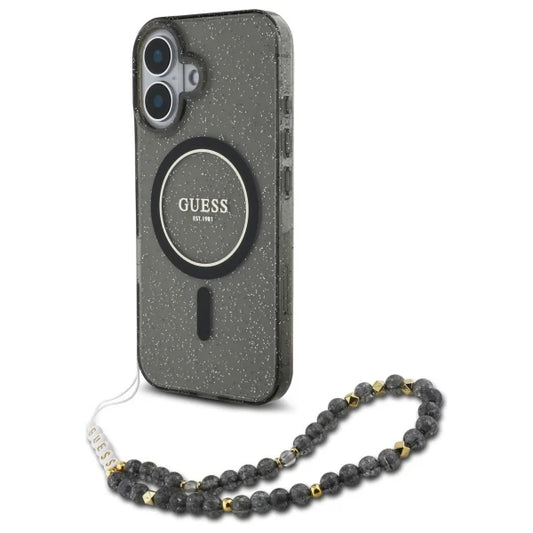 GUESS Glitzerhülle mit MagSafe & Perlenarmband – für iPhone 16 (Schwarz)