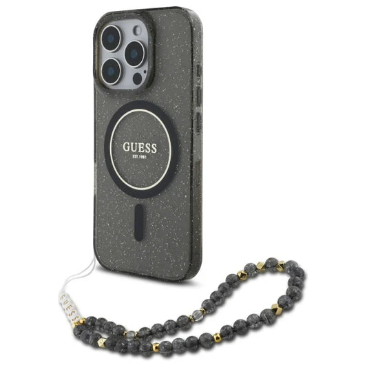 GUESS Handyhülle für iPhone 16 Pro Max – Schwarz mit Glitzereffekt, MagSafe & Perlen-Handschlaufe