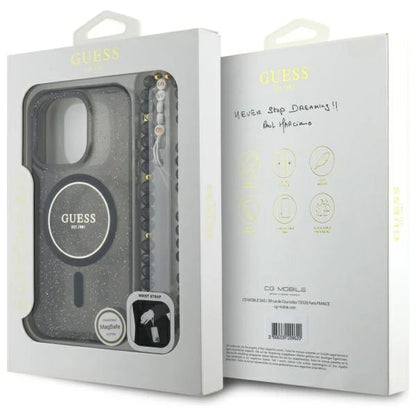 GUESS Handyhülle für iPhone 16 Pro Max – Schwarz mit Glitzereffekt, MagSafe & Perlen-Handschlaufe