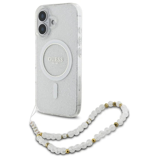 GUESS Glitzerhülle mit MagSafe & Perlenarmband – für iPhone 16 (Weiß)