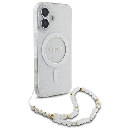 GUESS Glitzerhülle mit MagSafe & Perlenarmband – für iPhone 16 (Weiß)