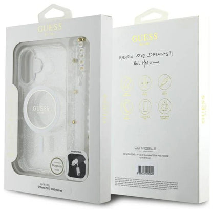 GUESS Glitzerhülle mit MagSafe & Perlenarmband – für iPhone 16 (Weiß)