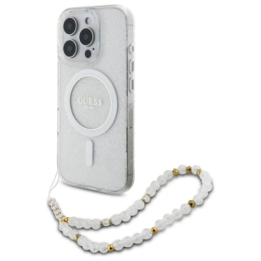 GUESS Handyhülle für iPhone 16 Pro Max – Weiß Transparent mit Glitzereffekt, MagSafe & Perlen-Handschlaufe