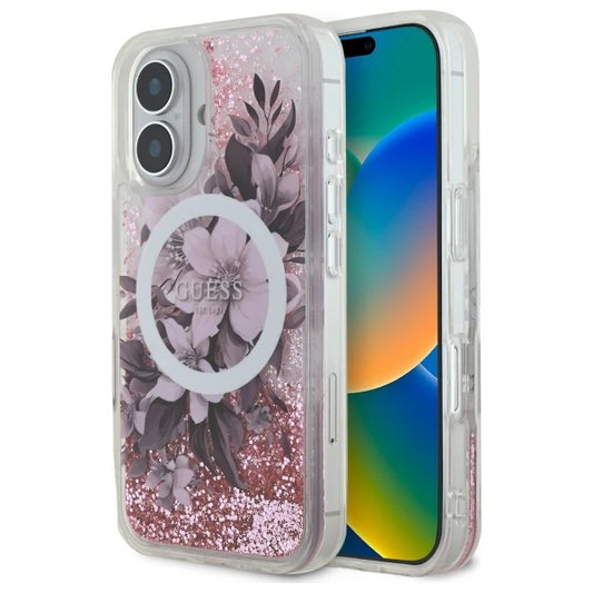 GUESS Schutzhülle mit Glitzer & Blumen – MagSafe Case für iPhone 16