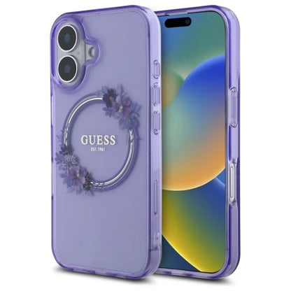 GUESS Floral MagSafe Hülle – für iPhone 16 (Lila mit Blumenring)
