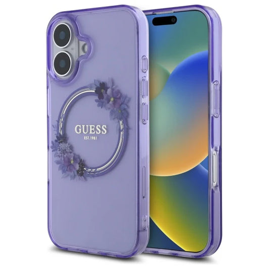 GUESS Floral MagSafe Hülle – für iPhone 16 (Lila mit Blumenring)