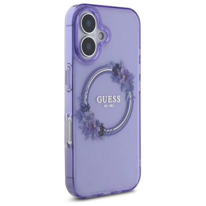 GUESS Floral MagSafe Hülle – für iPhone 16 (Lila mit Blumenring)