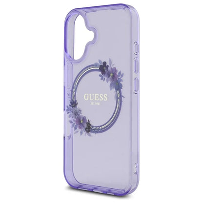 GUESS Floral MagSafe Hülle – für iPhone 16 (Lila mit Blumenring)