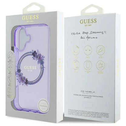 GUESS Floral MagSafe Hülle – für iPhone 16 (Lila mit Blumenring)