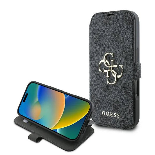 GUESS Book Case für iPhone 16 Pro Max – Schwarz mit Magnetverschluss & Logo-Applikation