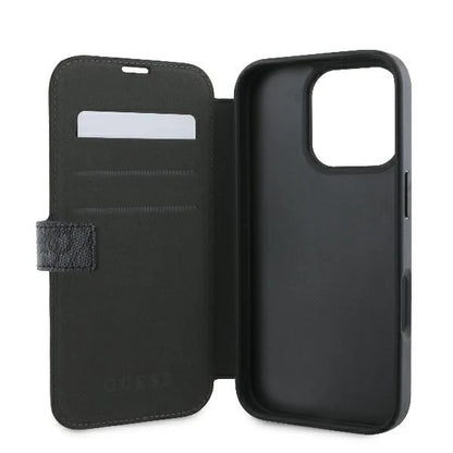 GUESS Book Case für iPhone 16 Pro Max – Schwarz mit Magnetverschluss & Logo-Applikation