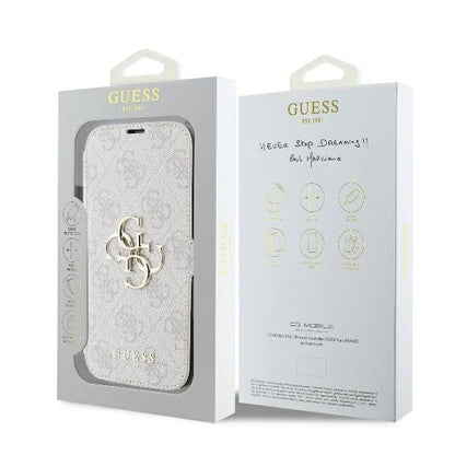 GUESS Book Case für iPhone 16 Pro Max – Rosa mit Magnetverschluss & Metall-Logo