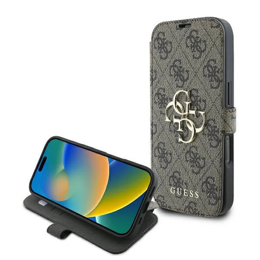 GUESS Book Case für iPhone 16 Pro Max – Braun mit Magnetverschluss & Logo-Muster