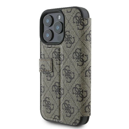 GUESS Book Case für iPhone 16 Pro Max – Braun mit Magnetverschluss & Logo-Muster