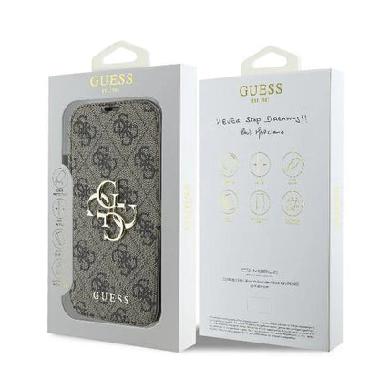 GUESS Book Case für iPhone 16 Pro Max – Braun mit Magnetverschluss & Logo-Muster