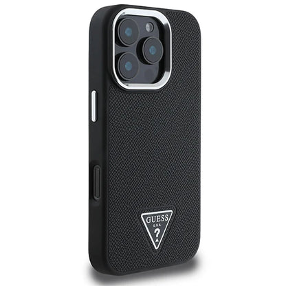 GUESS Saffiano Hülle Schwarz für iPhone 16 Pro – Klassisch. Stark. Magnetisch