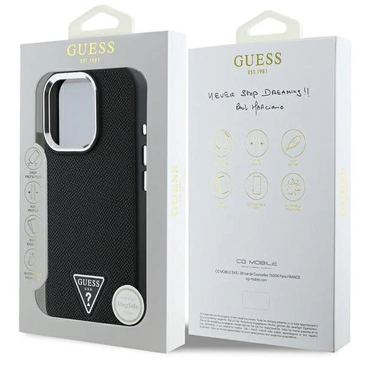 GUESS Saffiano Hülle Schwarz für iPhone 16 Pro – Klassisch. Stark. Magnetisch