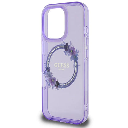 GUESS Handyhülle für iPhone 16 Pro Max – Lila Transparent mit Blumenkranz & Logo