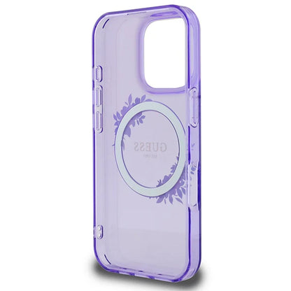 GUESS Handyhülle für iPhone 16 Pro Max – Lila Transparent mit Blumenkranz & Logo