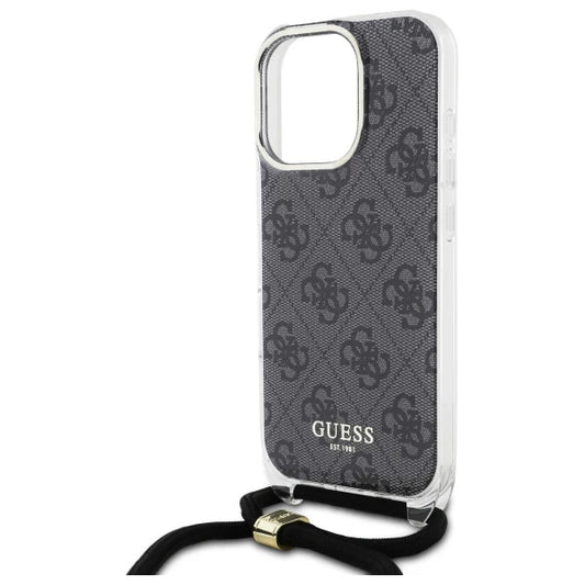 GUESS iPhone 16 Pro Hülle – 4G-Logo Design mit Kordel in Schwarz