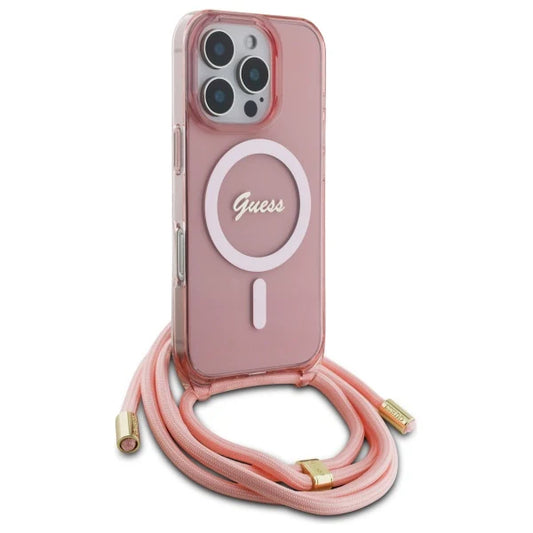 GUESS Crossbody Handyhülle für iPhone 16 Pro Max – Rosa Transparent mit MagSafe & Trageband