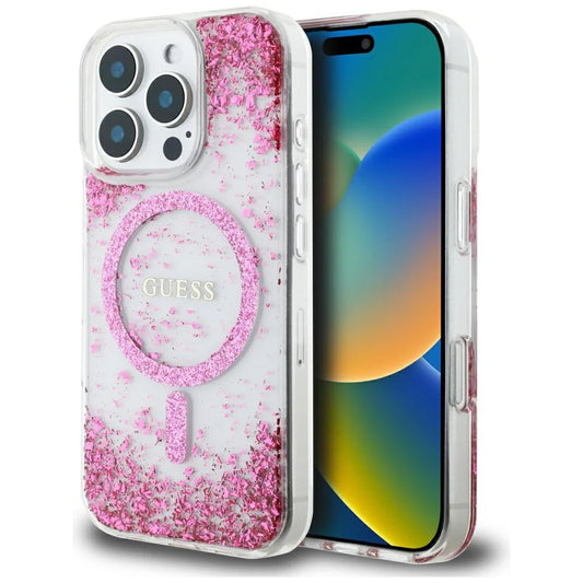 GUESS Handyhülle für iPhone 16 Pro Max – Transparent mit rosa Glitzerflakes & MagSafe-Ring