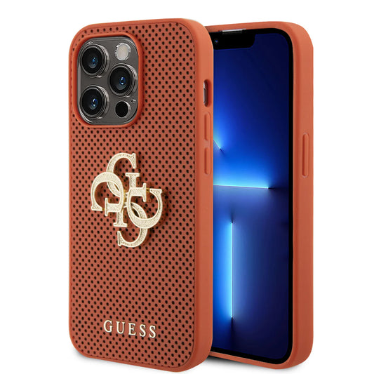 Guess Perforated Case Hülle für iPhone 15 Pro Max – Orange/Gold 4G Logo