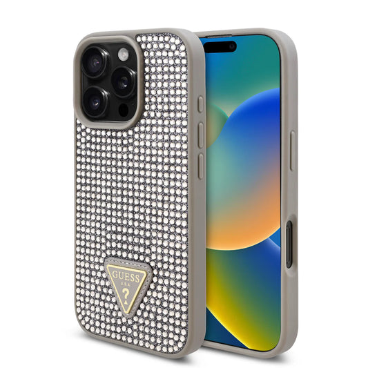 GUESS Handyhülle für iPhone 16 Pro Max – Silber mit Strassbesatz & Triangle-Logo