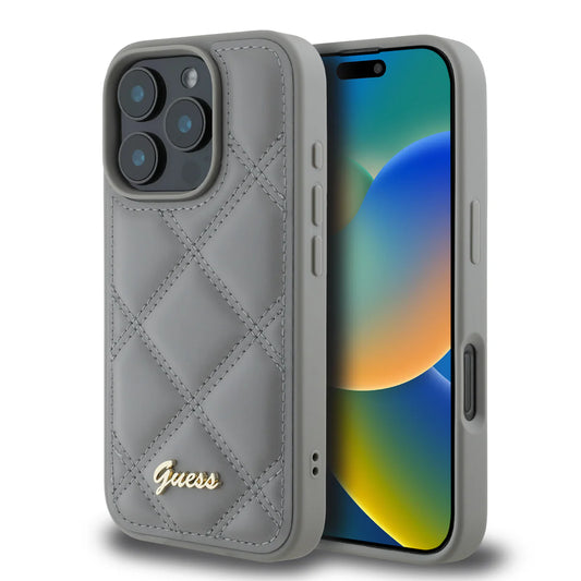 GUESS Handyhülle für iPhone 16 Pro Max – Grau mit Steppdesign & Metall-Logo