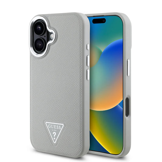 GUESS Triangle Logo Hülle – Elegantes Case für iPhone 16 (Hellgrau)