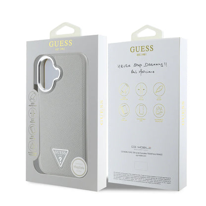 GUESS Triangle Logo Hülle – Elegantes Case für iPhone 16 (Hellgrau)