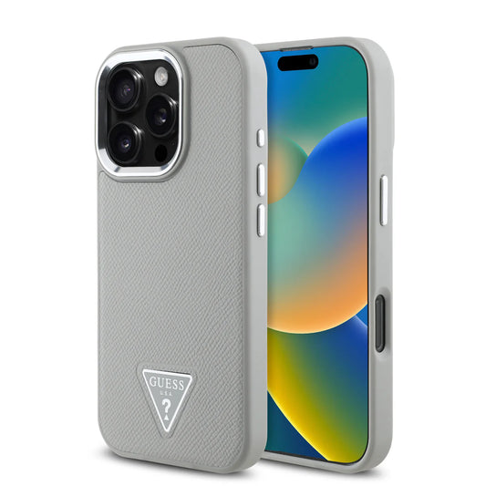 GUESS Handyhülle für iPhone 16 Pro Max – Beige mit Strukturdesign & Triangle-Logo