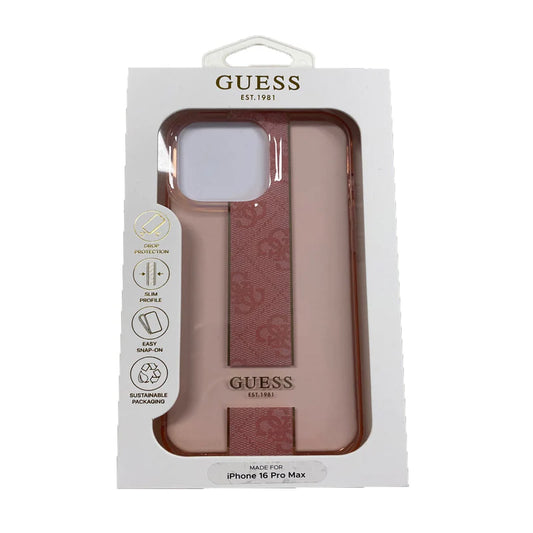 GUESS Handyhülle für iPhone 16 Pro Max – Rosé Transparent mit Logo-Streifen & Schriftzug