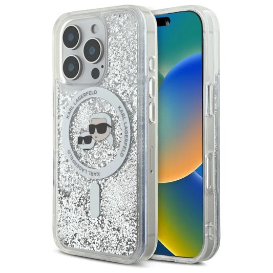 Karl Lagerfeld MagSafe-Glitter-Hülle mit Ring für iPhone 16 Pro Max – Transparent/Silber
