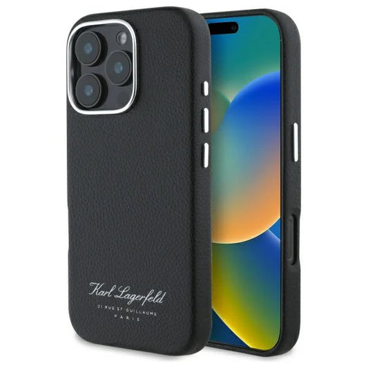 Karl Lagerfeld Hülle für iPhone 16 Pro Max – Schwarzes Leder mit Signature-Schriftzug