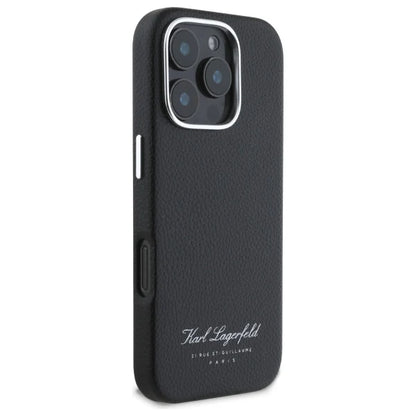 Karl Lagerfeld Hülle für iPhone 16 Pro Max – Schwarzes Leder mit Signature-Schriftzug