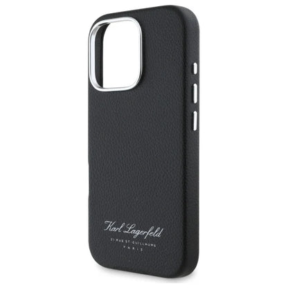 Karl Lagerfeld Hülle für iPhone 16 Pro Max – Schwarzes Leder mit Signature-Schriftzug